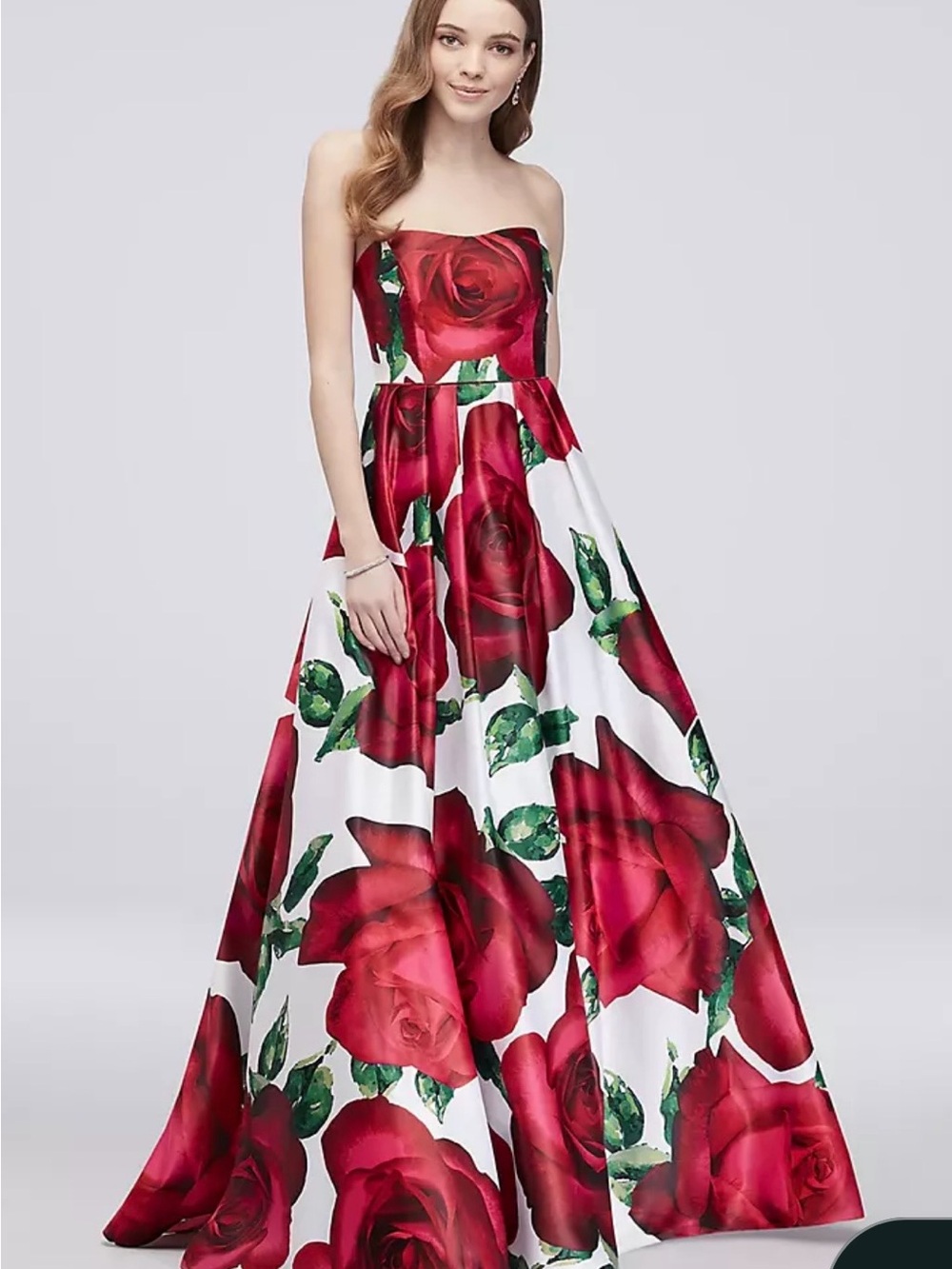 Strapless Red Rose Print Prom Dress